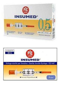 SIRINGA PER INSULINA PIC INSUMED 0,5 ML 100 UI AGO GAUGE 30 LUNGHEZZA 8 MM SENZA SPAZIO MORTO 3 SACCHETTI DA 10 PEZZI - pharmaonline24.it