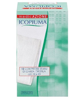 ICOPIUMA GARZA COMPRESSA IDROFILA IN COTONE PIEGATA STERILE SENZA FILO DI BARIO TITOLO 12/8 MISURA 18X40 CM IN BUSTA SINGOLA 12 PEZZI - pharmaonline24.it