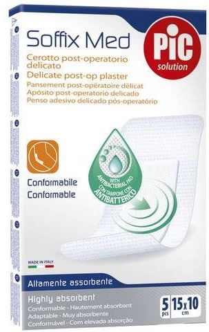 CEROTTO PIC SOFFIX MED IN TNT CON TAMPONE CENTRALE ASSORBENTE STERILE MONOUSO 10X15 CM ANTIBATTERICO 5 PEZZI - pharmaonline24.it