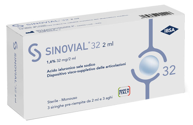 SIRINGA INTRA-ARTICOLARE SINOVIAL 32 ACIDO IALURONICO SALE SODICO 1,6% 32MG/2ML 3 SIRINGHE X 2ML + 3 AGHI - pharmaonline24.it