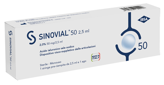 SIRINGA INTRA-ARTICOLARE SINOVIAL 50 ACIDO IALURONICO SALE SODICO 2% 50MG/2,5ML 2,5ML + AGO 21 GAUGE - pharmaonline24.it