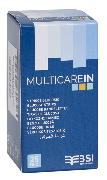 STRISCE MISURAZIONE GLICEMIA MULTICARE IN GLUCOSIO ELETTRODO 25 PEZZI - pharmaonline24.it
