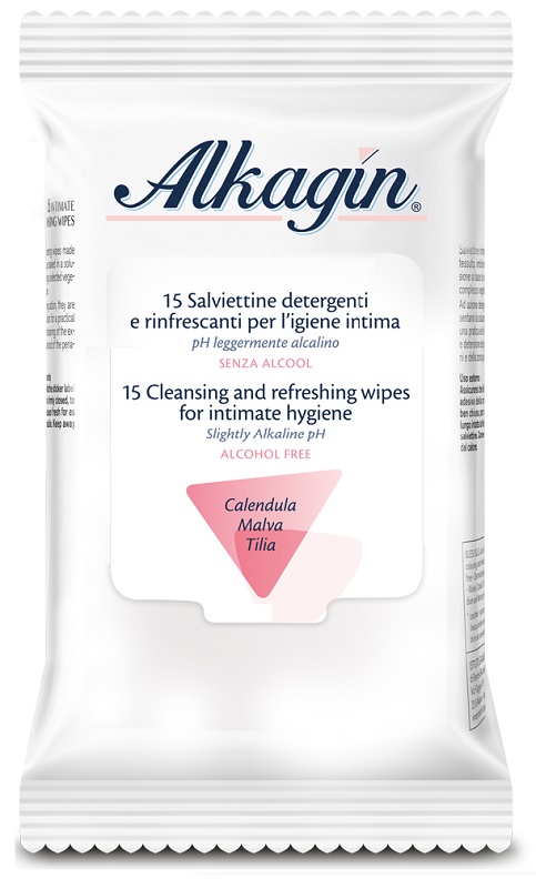 ALKAGIN SALVIETTINE DETERGENTI E RINFRESCANTI PER L'IGIENE INTIMA PH LEGGERMENTE ALCALINO SENZA ALCOOL 15 PEZZI CALENDULA MALVA E TILIA - pharmaonline24.it