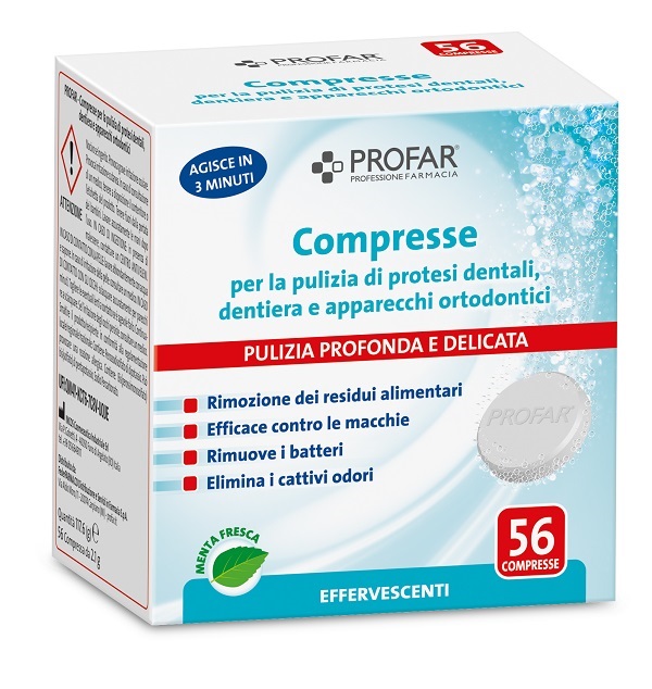 PROFAR COMPRESSE PULIZIA PROTESI DENTALI-DENTIERA-APPARECCHI ORTODONTICI 56 PEZZI - pharmaonline24.it
