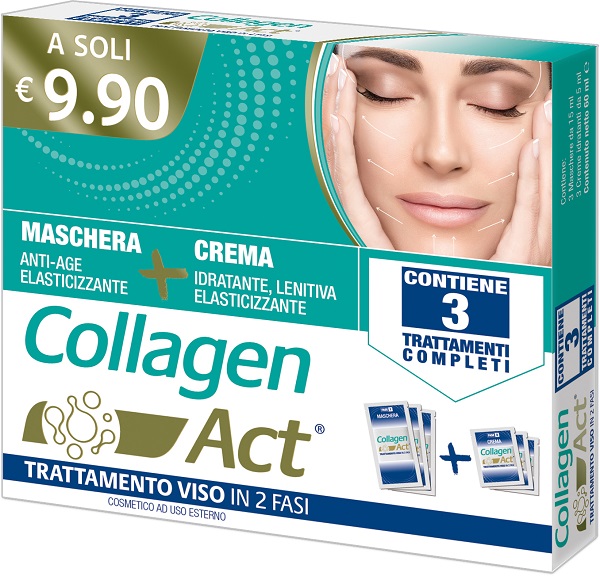 COLLAGEN ACT TRATTAMENTO VISO 2 FASI MASCHERA ANTI AGE ELASTICIZZANTE 3 PEZZI DA 15 ML + CREMA IDRATANTE LENITIVA ELASTICIZZANTE 3 PEZZI DA 5 ML - pharmaonline24.it
