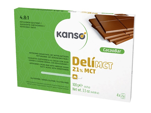 KANSO DELIMCT CACAO BAR 21% TAVOLETTA CHETOGENICA AL CACAO CON ACIDI GRASSI A CATENA MEDIA 4 MONOPORZIONI DA 25 G - pharmaonline24.it