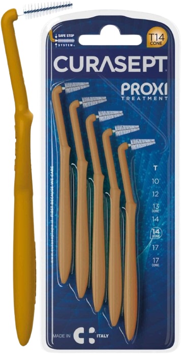 SCOVOLINO CURASEPT PROXI ANGLE MISURA T14 CONICO ISO 4 COLORE OCRA DIAMETRO 1,4 MM 5 PEZZI - pharmaonline24.it