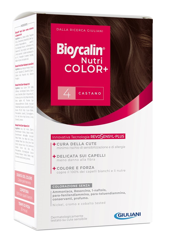 BIOSCALIN NUTRICOLOR PLUS 4 CASTANO CREMA COLORANTE 40 ML + RIVELATORE CREMA 60 ML + SHAMPOO 12 ML + TRATTAMENTO FINALE BALSAMO 12 ML - pharmaonline24.it