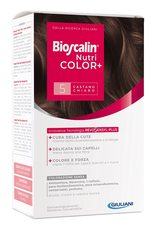 BIOSCALIN NUTRICOLOR PLUS 5 CASTANO CHIARO CREMA COLORANTE 40 ML + RIVELATORE CREMA 60 ML + SHAMPOO 12 ML + TRATTAMENTO FINALE BALSAMO 12 ML - pharmaonline24.it