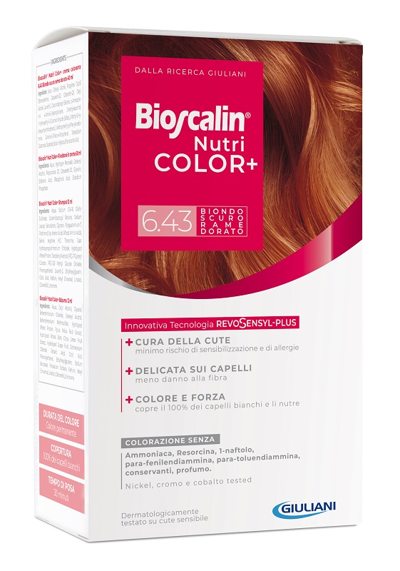 BIOSCALIN NUTRICOLOR PLUS 6,43 BIONDO SCURO RAME DORATO CREMA COLORANTE 40 ML + RIVELATORE CREMA 60 ML + SHAMPOO 12 ML + TRATTAMENTO FINALE BALSAMO 12 ML - pharmaonline24.it