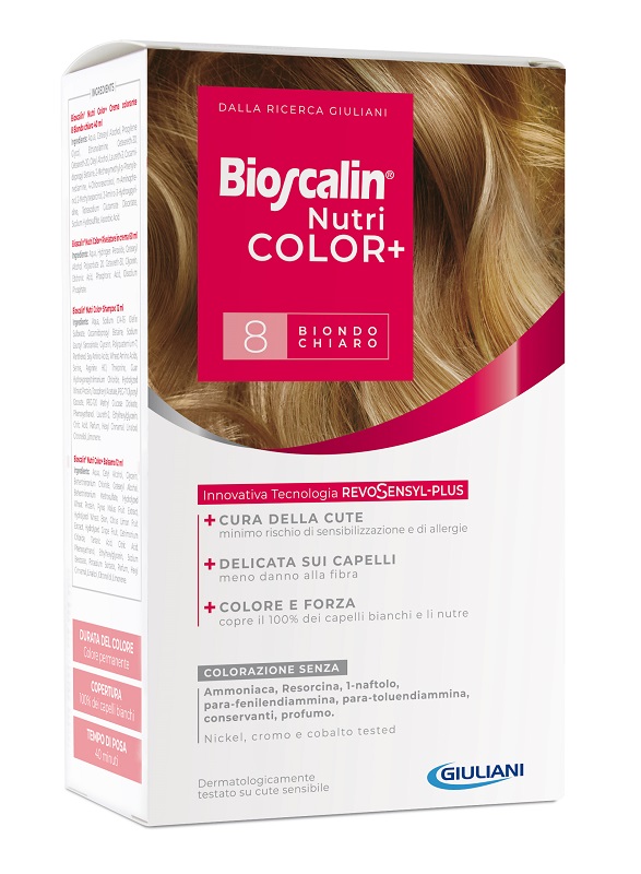 BIOSCALIN NUTRICOLOR PLUS 8 BIONDO CHIARO CREMA COLORANTE 40 ML + RIVELATORE CREMA 60 ML + SHAMPOO 12 ML + TRATTAMENTO FINALE BALSAMO 12 ML - pharmaonline24.it