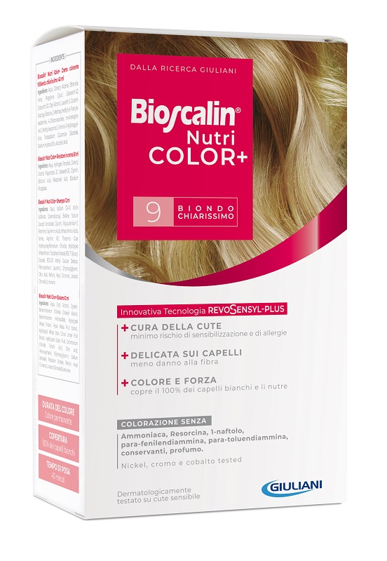 BIOSCALIN NUTRICOLOR PLUS 9 BIONDO CHIARISSIMO CREMA COLORANTE 40 ML + RIVELATORE CREMA 60 ML + SHAMPOO 12 ML + TRATTAMENTO FINALE BALSAMO 12 ML - pharmaonline24.it