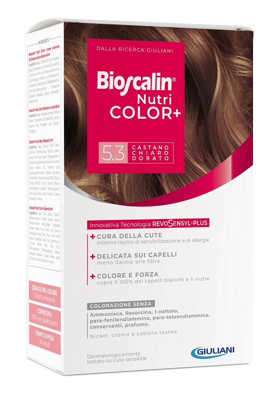 BIOSCALIN NUTRICOLOR PLUS 5,3 CASTANO CHIARO DORATO CREMA COLORANTE 40 ML + RIVELATORE CREMA 60 ML + SHAMPOO 12 ML + TRATTAMENTO FINALE BALSAMO 12 ML - pharmaonline24.it