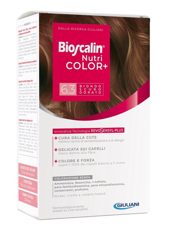 BIOSCALIN NUTRICOLOR PLUS 6,3 BIONDO SCURO DORATO CREMA COLORANTE 40 ML + RIVELATORE CREMA 60 ML + SHAMPOO 12 ML + TRATTAMENTO FINALE BALSAMO 12 ML - pharmaonline24.it