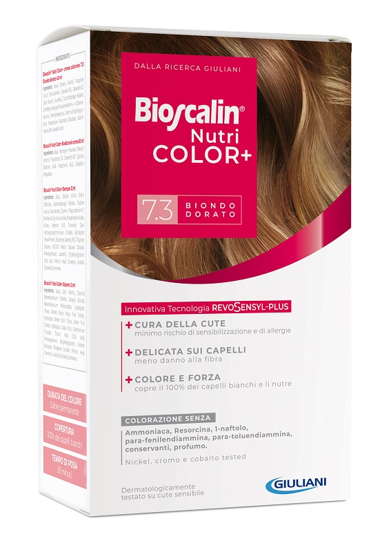 BIOSCALIN NUTRICOLOR PLUS 7,3 BIONDO DORATO CREMA COLORANTE 40 ML + RIVELATORE CREMA 60 ML + SHAMPOO 12 ML + TRATTAMENTO FINALE BALSAMO 12 ML - pharmaonline24.it