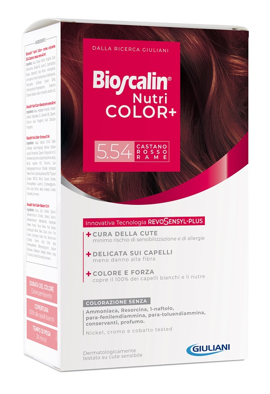 BIOSCALIN NUTRICOLOR PLUS 5,54 CASTANO ROSSO RAME CREMA COLORANTE 40 ML + RIVELATORE CREMA 60 ML + SHAMPOO 12 ML + TRATTAMENTO FINALE BALSAMO 12 ML - pharmaonline24.it