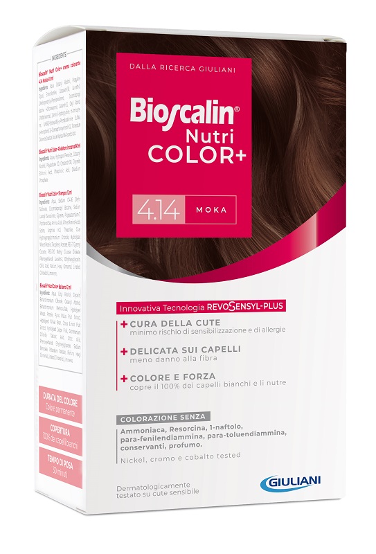 BIOSCALIN NUTRICOLOR PLUS 4,14 MOKA CREMA COLORANTE 40 ML + RIVELATORE CREMA 60 ML + SHAMPOO 12 ML + TRATTAMENTO FINALE BALSAMO 12 ML - pharmaonline24.it