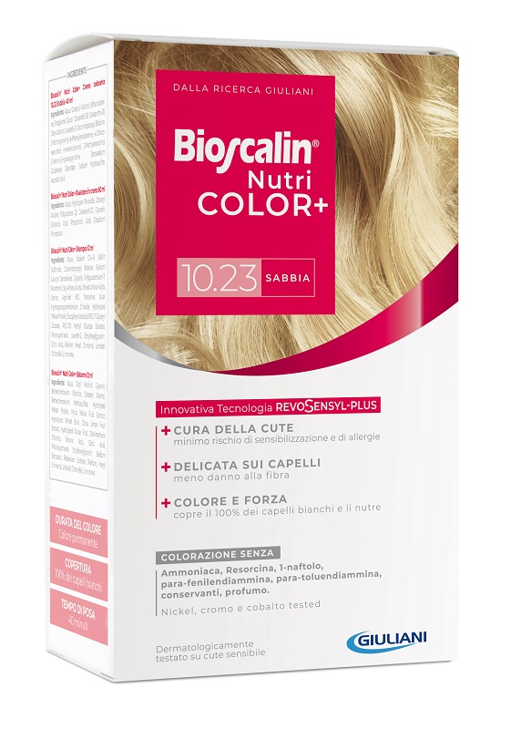 BIOSCALIN NUTRICOLOR PLUS 10,23 SABBIA CREMA COLORANTE 40 ML + RIVELATORE CREMA 60 ML + SHAMPOO 12 ML + TRATTAMENTO FINALE BALSAMO 12 ML - pharmaonline24.it
