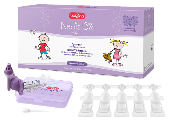 NEBIAL 3% KIT 20 FLACONCINI MONODOSE 5ML SOLUZIONE IPERTONICA CON ACIDO IALURONICO + NEBULIZZATORE SPRAY-SOL - pharmaonline24.it